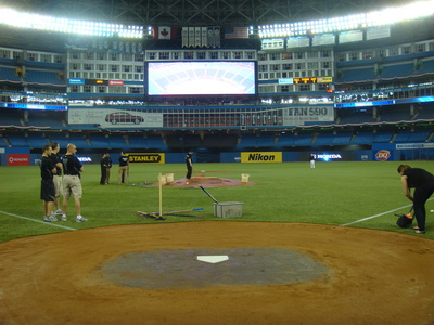 From behind home plate